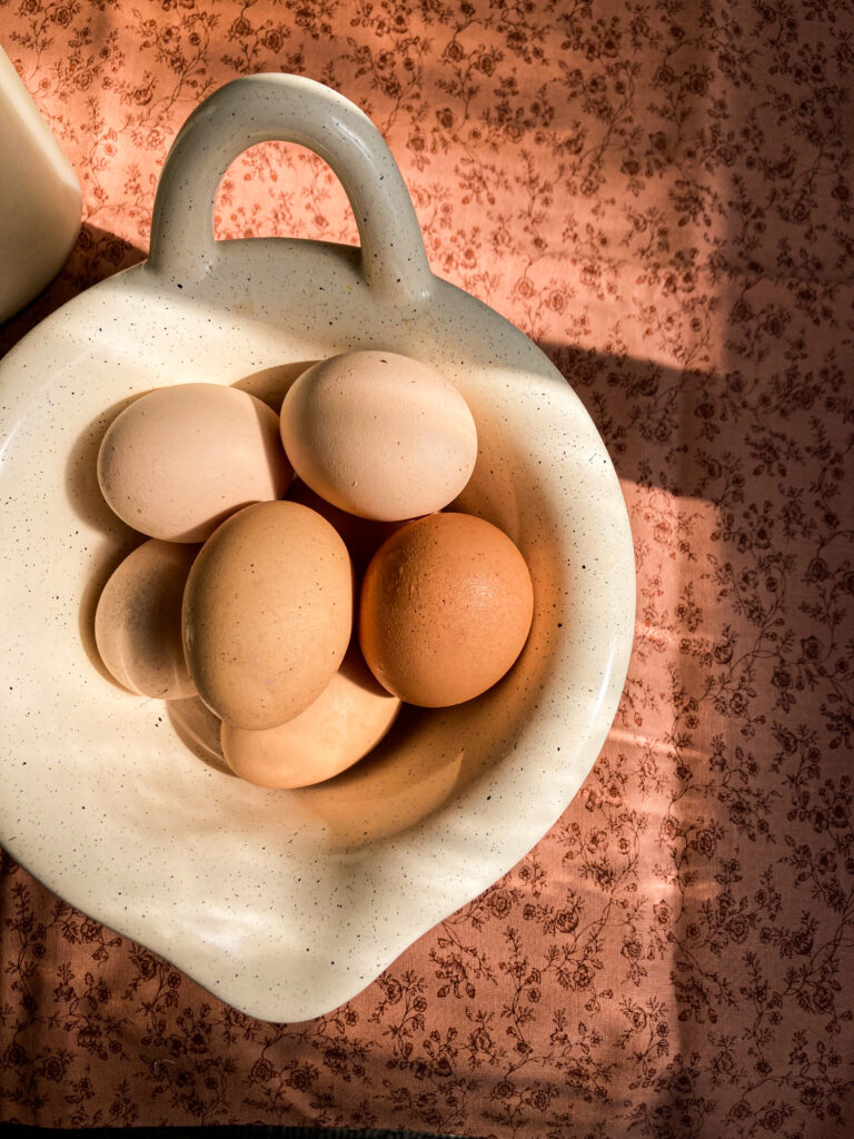Brown eggs in a white bowl